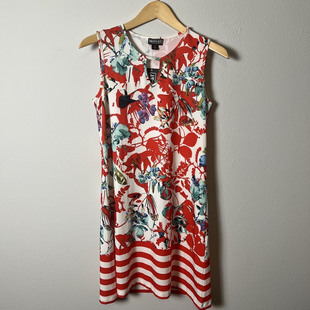 MOTT-ST Dress Womens Small Red White Floral Sleeveless Striped Tank Casual NWT‎